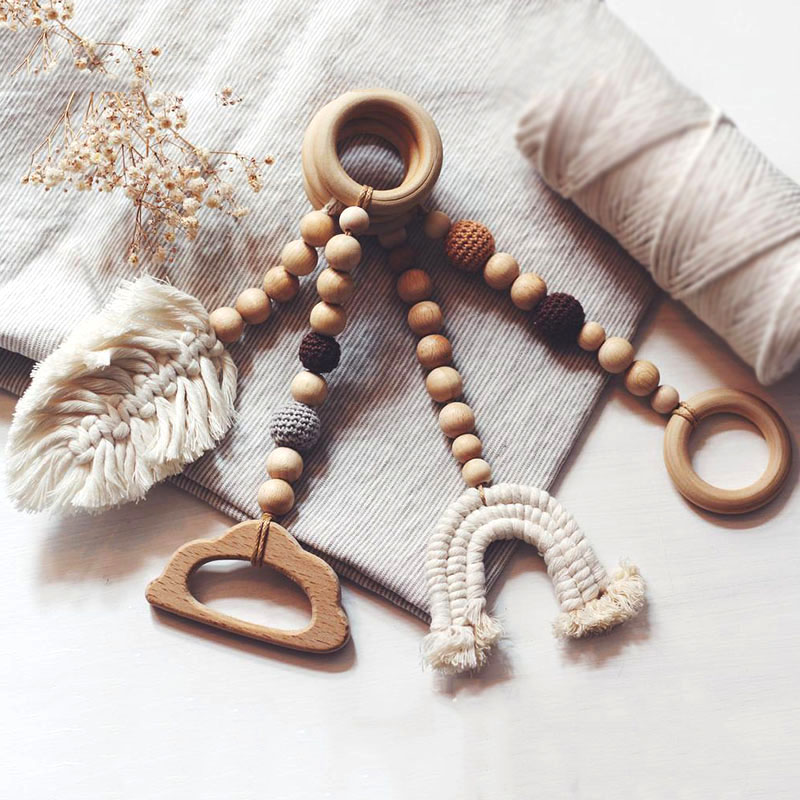 Wholesales Macrame Leaf Rainbow Wooden Baby Teething Activity Play Gym Toy 4 Pcs/set 